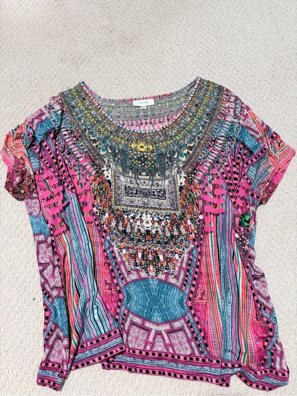 Camilla Crystal Embellished Multicolor Printed Top Size 1